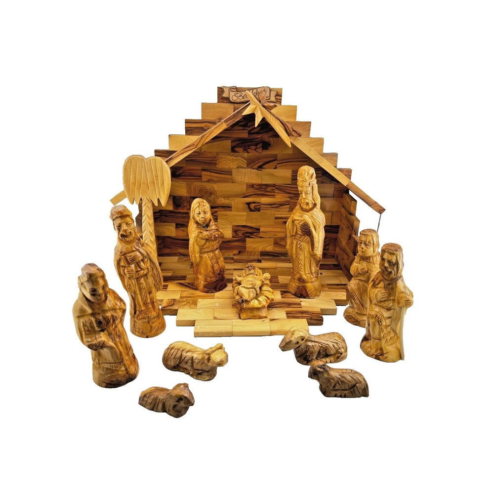 13pc Olive Wood Nativity Scene Handmade Carved Bethlehem Holy Land Family Christ
